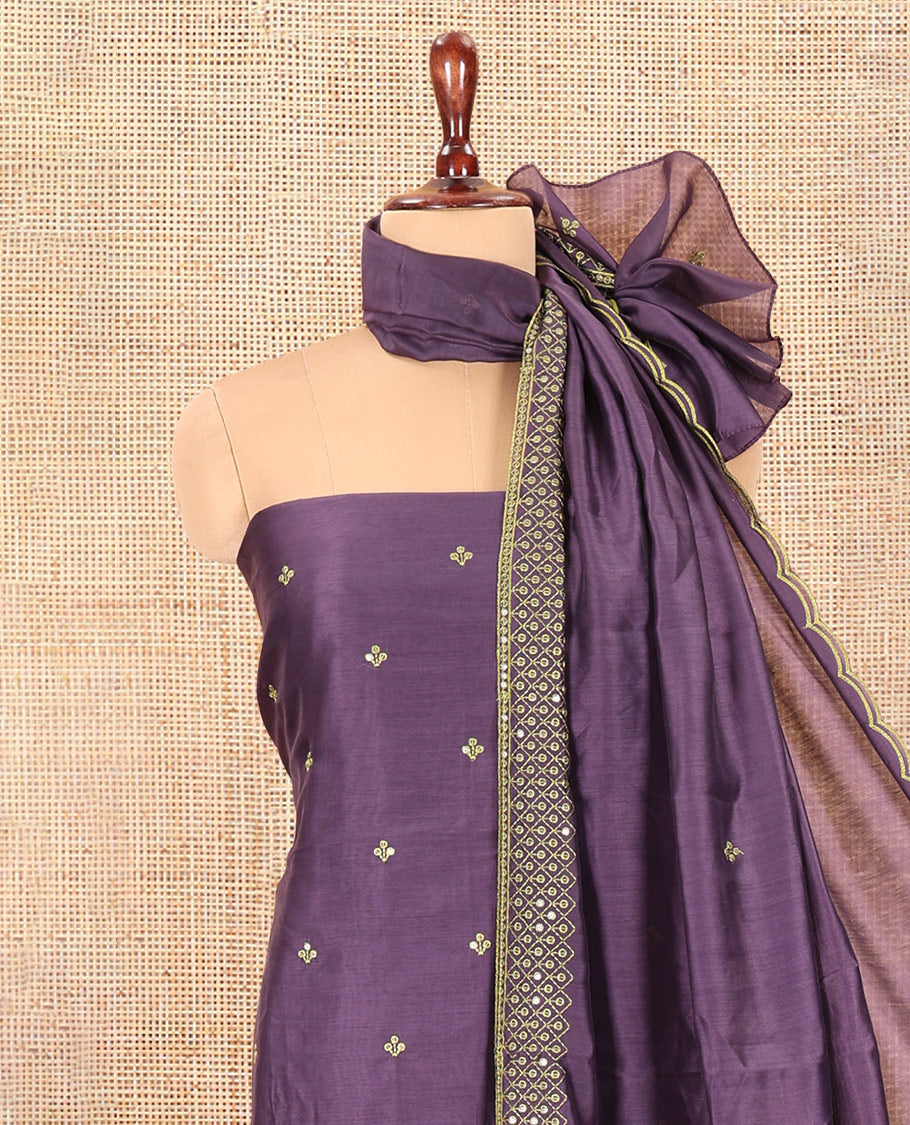 Wine Semi-Silk Material Churidar Thread-Sequins Embroidered Top, a Plain Bottom, a Embroidered Dupatta