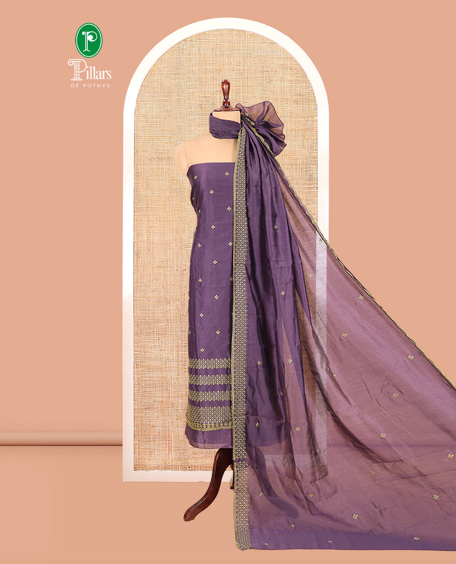 Wine Semi-Silk Material Churidar Thread-Sequins Embroidered Top, a Plain Bottom, a Embroidered Dupatta