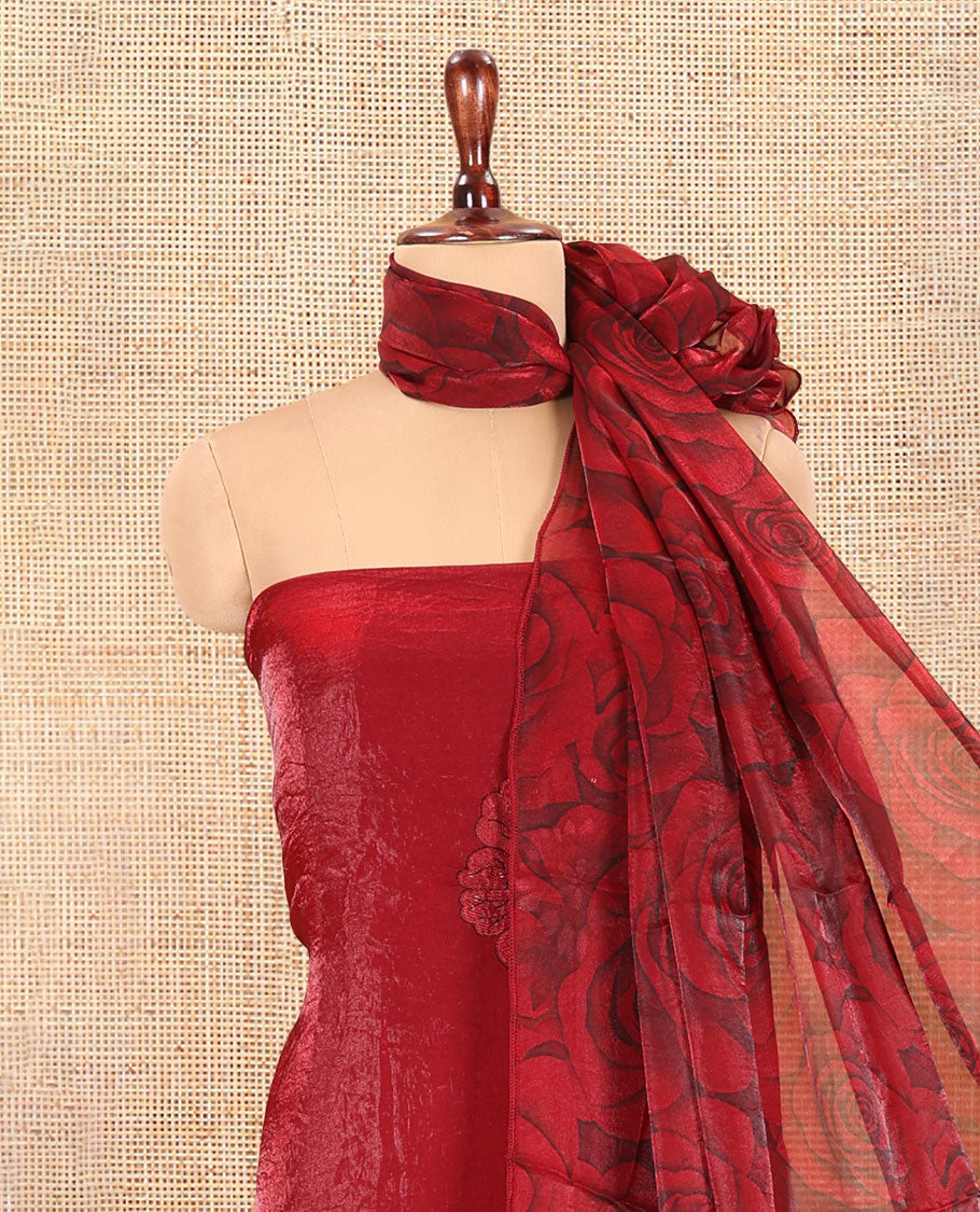 RedsMaroon Velvet Organza Designer Material Chudidar, Floral Embroidery Top, Plain Bottom, Rose Printed Dupatta