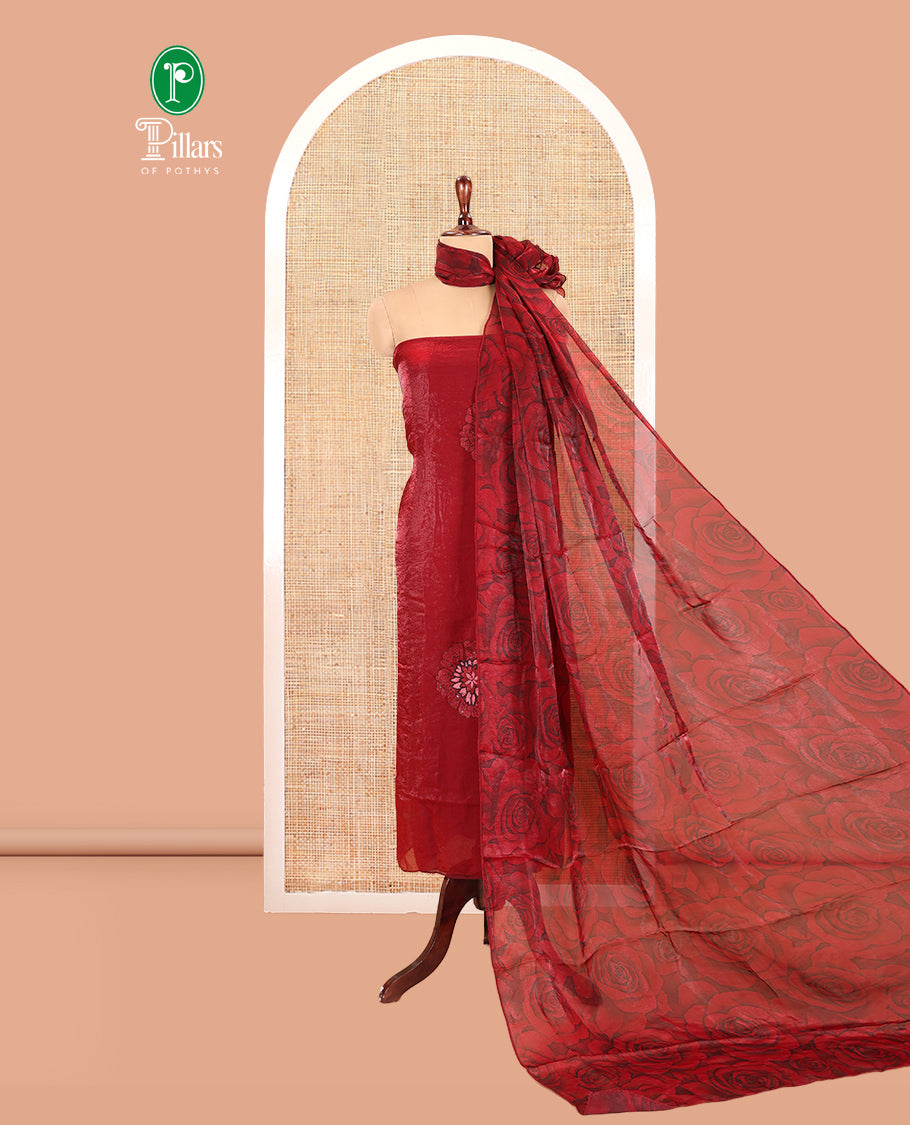 RedsMaroon Velvet Organza Designer Material Chudidar, Floral Embroidery Top, Plain Bottom, Rose Printed Dupatta