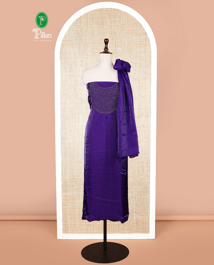 Dark purple moti handwork velvet organza chudidhar material top with american crepe pant & one side handwork dupatta