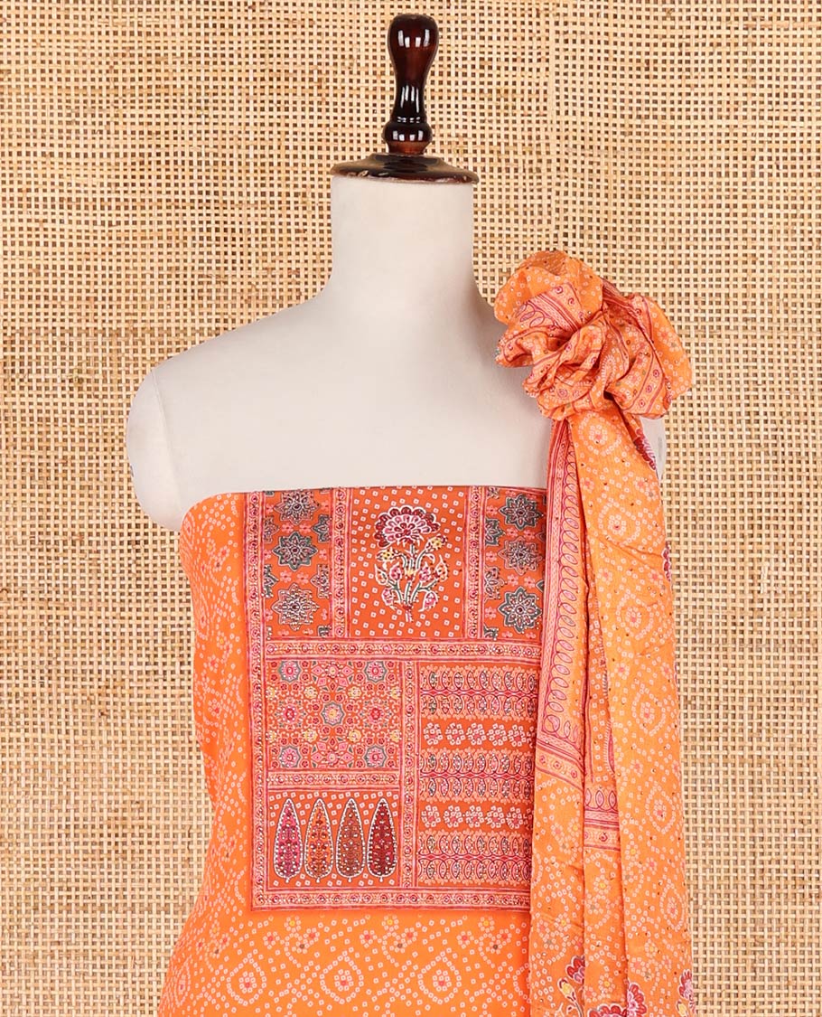 Orange bhandani print, floral design, swarovski work crepe chudidhar material top with american crepe pant & chinnon material bhandani print, swarovski work dupatta