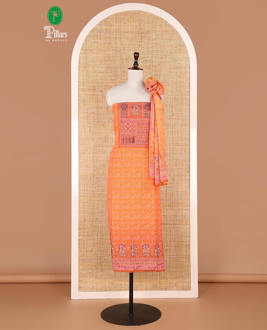 Orange bhandani print, floral design, swarovski work crepe chudidhar material top with american crepe pant & chinnon material bhandani print, swarovski work dupatta