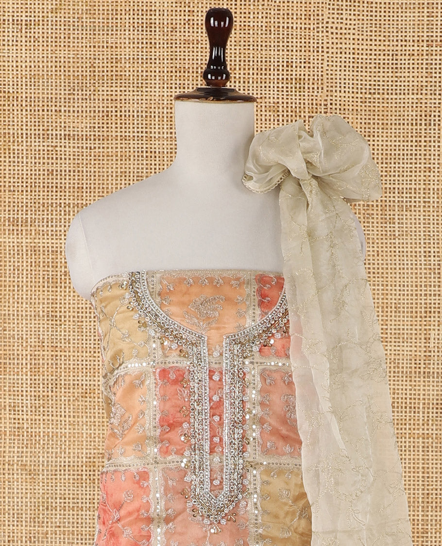 Orange-ombre organza chudidar material set, position print & intricately bead embroidered top, floral vine zari embroidery dupatta & plain santoon bottom
