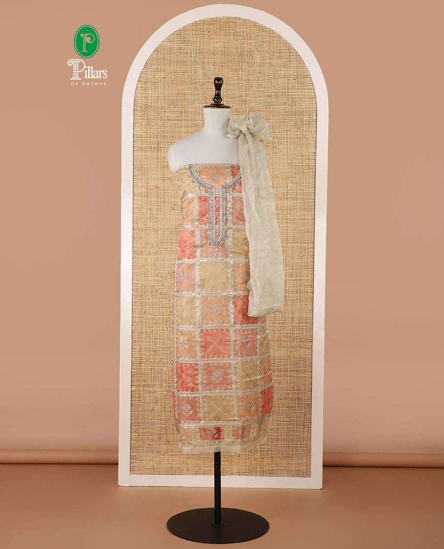 Orange-ombre organza chudidar material set, position print & intricately bead embroidered top, floral vine zari embroidery dupatta & plain santoon bottom