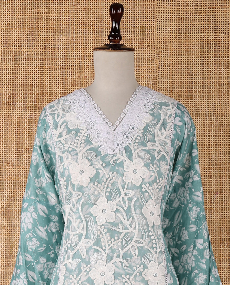 Blue chudidar material set, floral embroidery with daman crochet lace work jam cotton top, white thread argyle design embroidery with lace work nazlin dupatta, unique motifs printed bottom