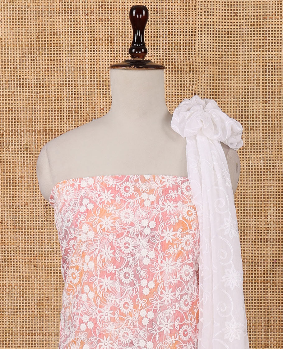 Pink chudidar material set, shibori-print & floral vine chikankari embroidered top,printed cotton bottom & floral chikankari embroidery chiffon dupatta
