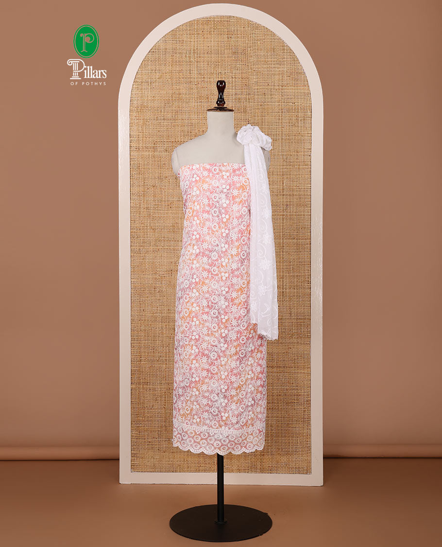 Pink chudidar material set, shibori-print & floral vine chikankari embroidered top,printed cotton bottom & floral chikankari embroidery chiffon dupatta