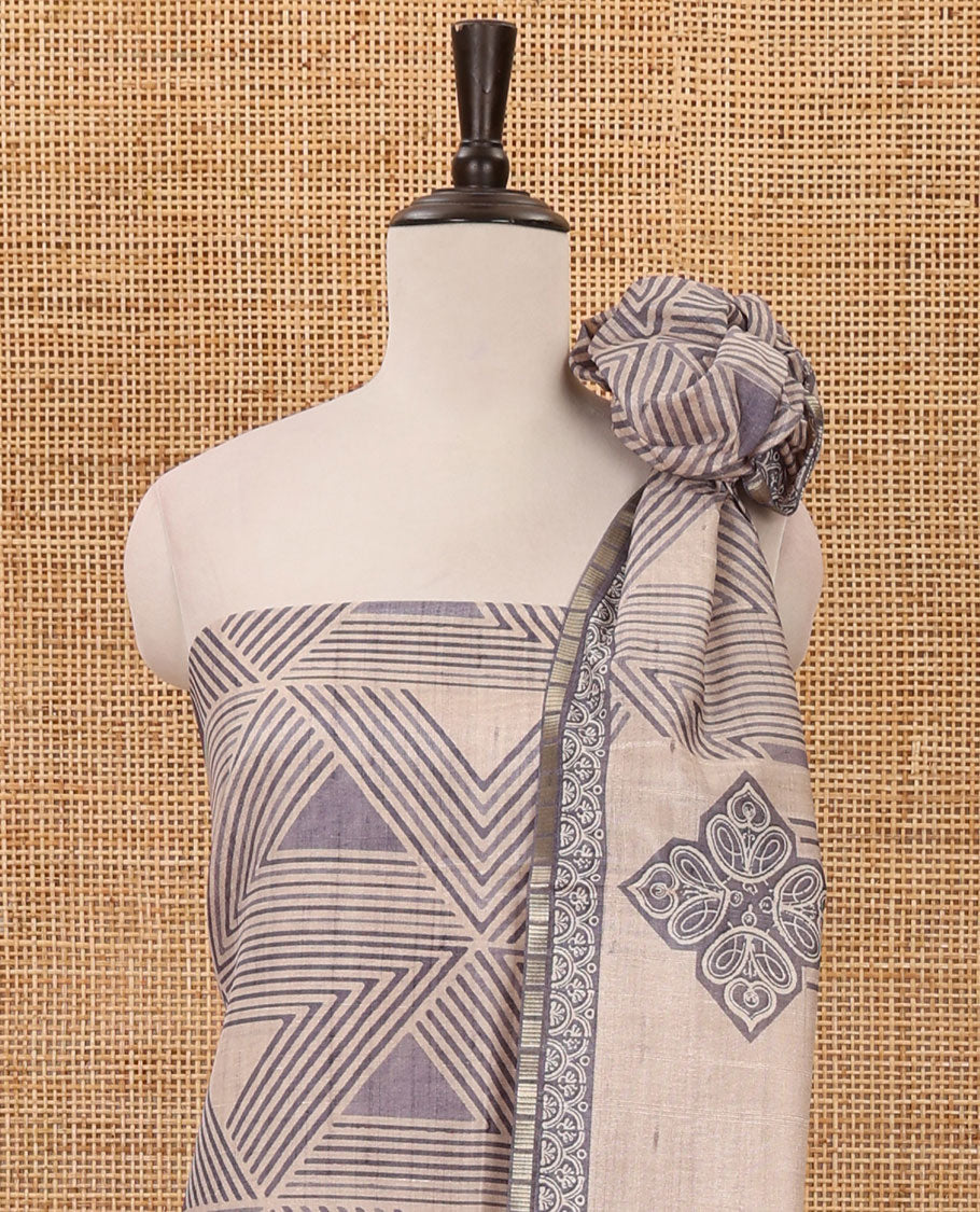 Grey semi-tussar material chudidar set, triangle printed top, heathered bottom & dupatta of triangle & four-petal floral print
