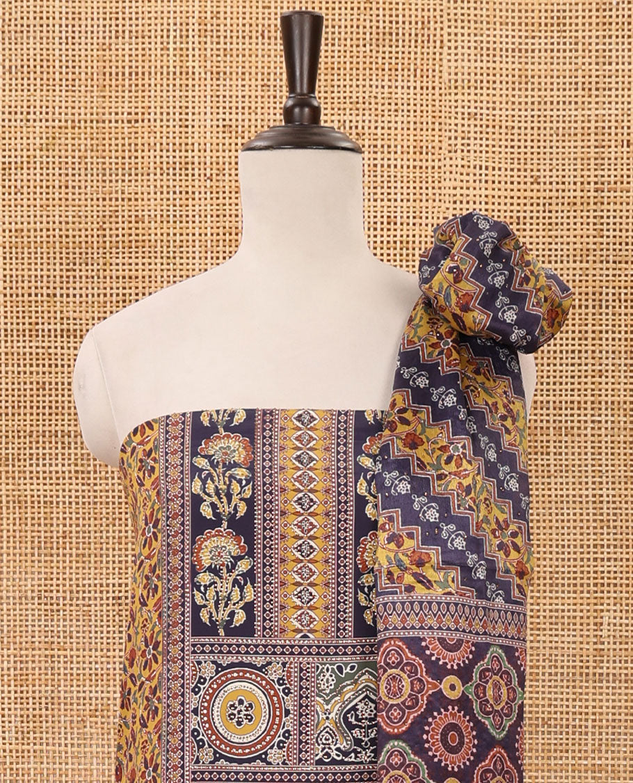 Mustard material chudidar set,floral-geometric Arjrakh print & stonework Masakali crepe top,plain bottom & Arjrakh print & stonework chinon dupatta
