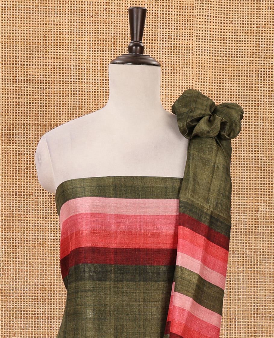 Olive green material chudidar set, horizontal ombre striped semi-tussar top, plain santoon bottom & horizontal ombre striped dupatta with tassels