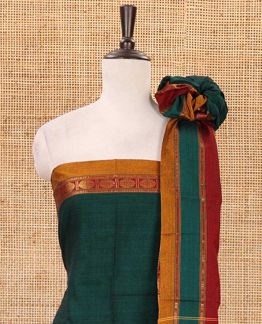 Green mercerized cotton material chudidar set,plain contrast traditional rudraksham border top,matching bottom & 2-sided rudraksham border dupatta