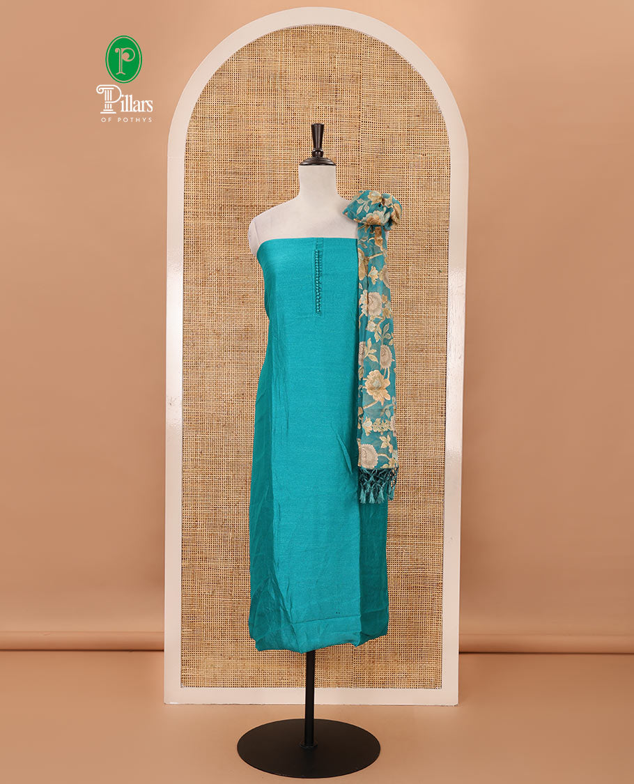 Ramar green material chudidar set, plain with neck work vichitra silk top, cotton bottom & baraso floral printed dupatta