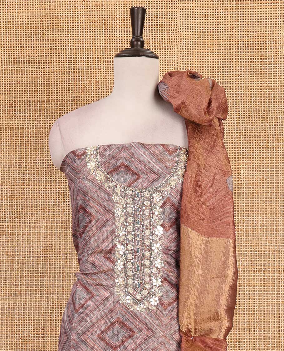 Grey and rust material chudidar set, geometric digital printed with neck embroidered Shimmer tissue top, santoon bottom, and floral printed Shimmer tissue dupatta