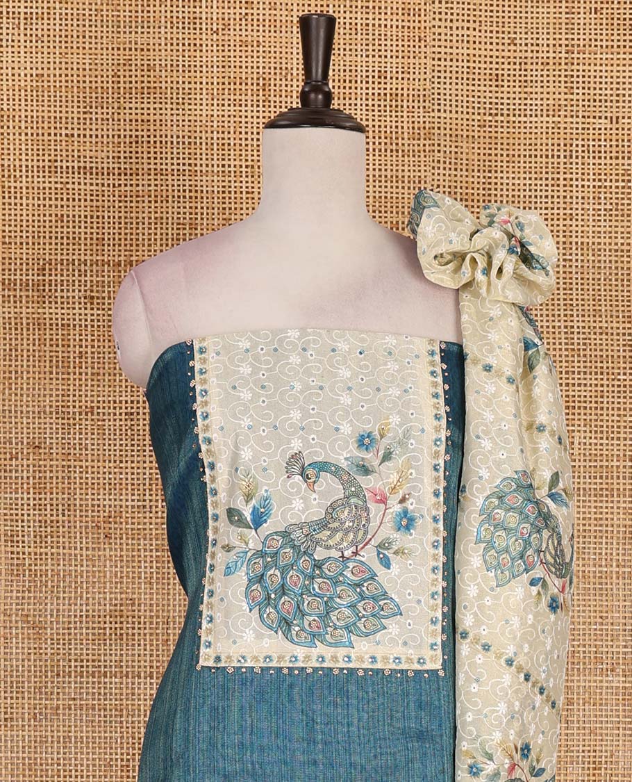Green tissue material chudidar set, peacock printed with neck patch embroidered top, plain bottom, dupatta of peacock print, and cut work