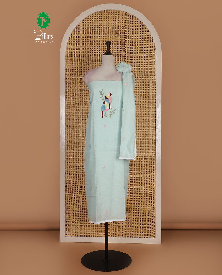Green net kota material chudidar set, macaw parrot, and flower motifs, multi-color sugar bead embroidered top, plain santoon bottom, and sugar bead embroidered dupatta
