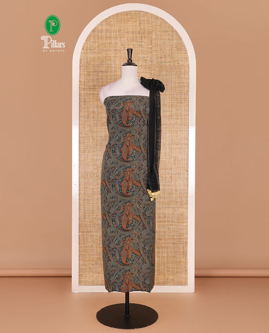 Light rama Italian crepe material chudidar set, paisley printed top, plain bottom, and floral-paisley printed georgrette dupatta