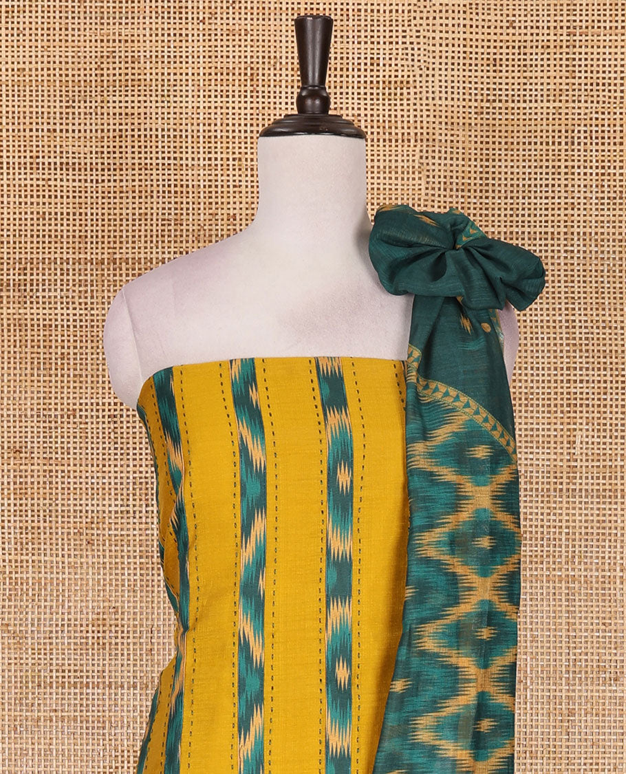 Mustard Vertican silk material chudidar set, vertical ikkat stripes, and kantha work top, contrast plain slub cotton bottom, and linen contrast ikkat printed zari border dupatta