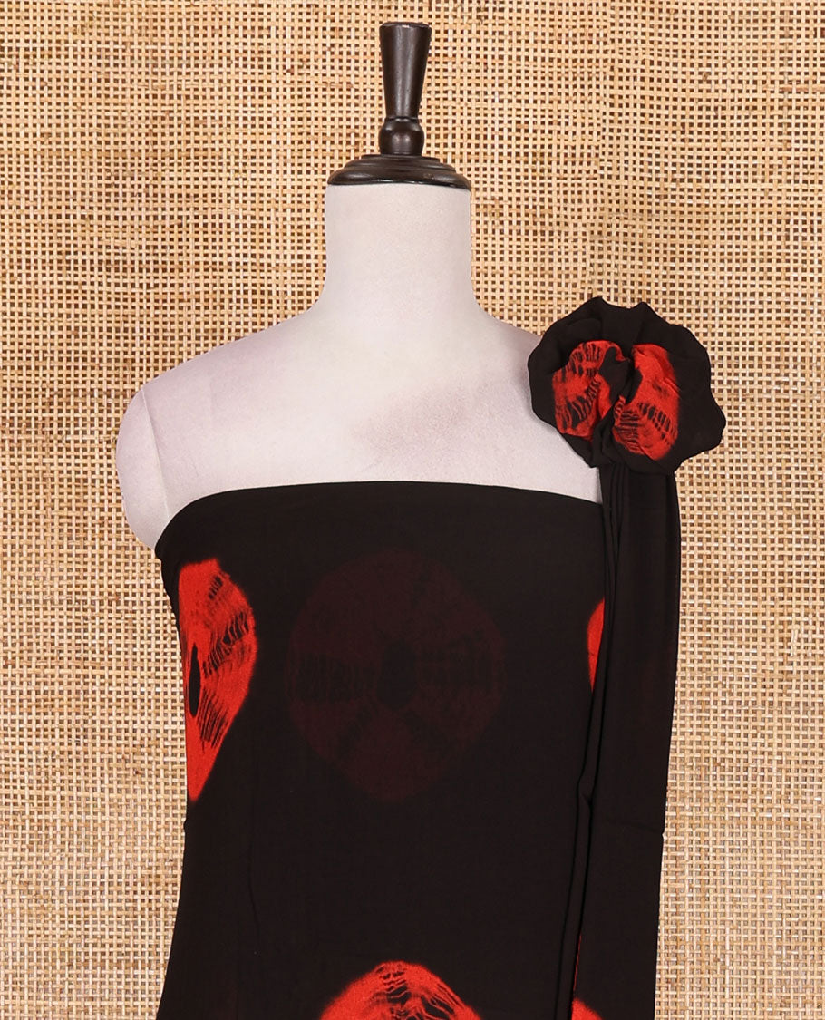 Black and red viscose georgette material churidar set, big bandhani dots printed top, plain bottom, and big bandhani dots printed dupatta