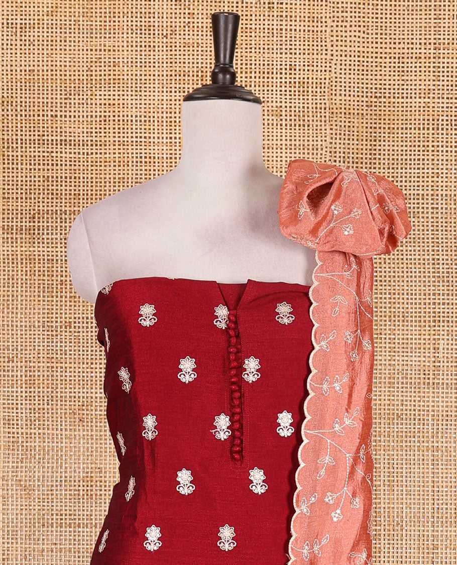 Magenta Vichitra silk material churidar set, floral motifs embroidered top, contrast Santoon bottom, and floral vine thread embroidered scallop dupatta