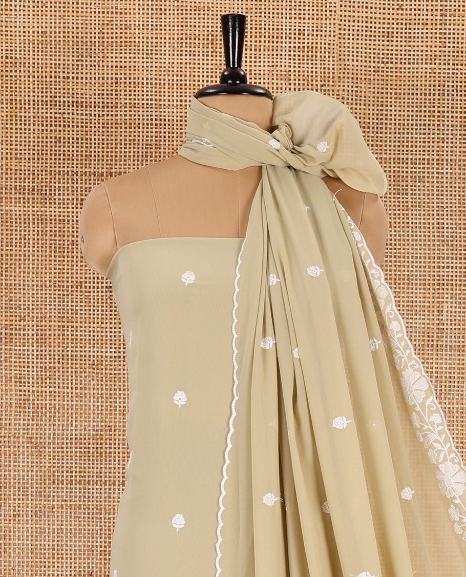 Green material chudidar set, floral thread embroidered georgette top, plain bottom, and floral motifs embroidered scallop georgette dupatta
