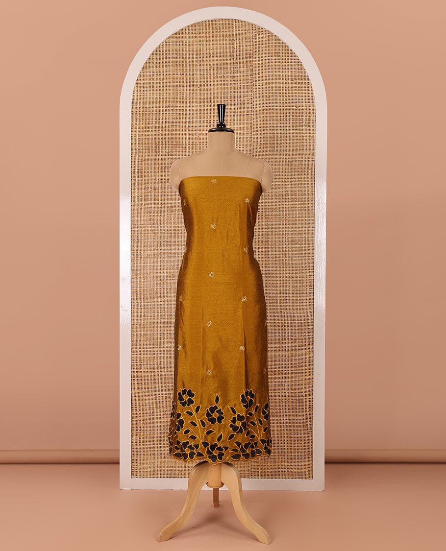 Yellow material chudidar set, sequins work with floral Aplic embroidered Vichitra silk top, matching bottom, and an embroidered dupatta