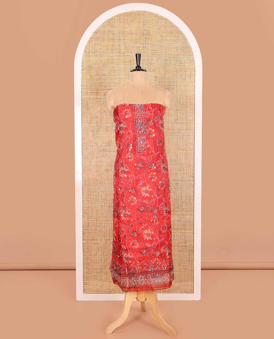 Chilli Red Material Chudidar Set Decked up with Floral Vine with Mirror Work Organza Top, Subtly Made Plain Santoon Bottom, and Organza Dupatta Featuring Floral Vine Print and Mirror Work