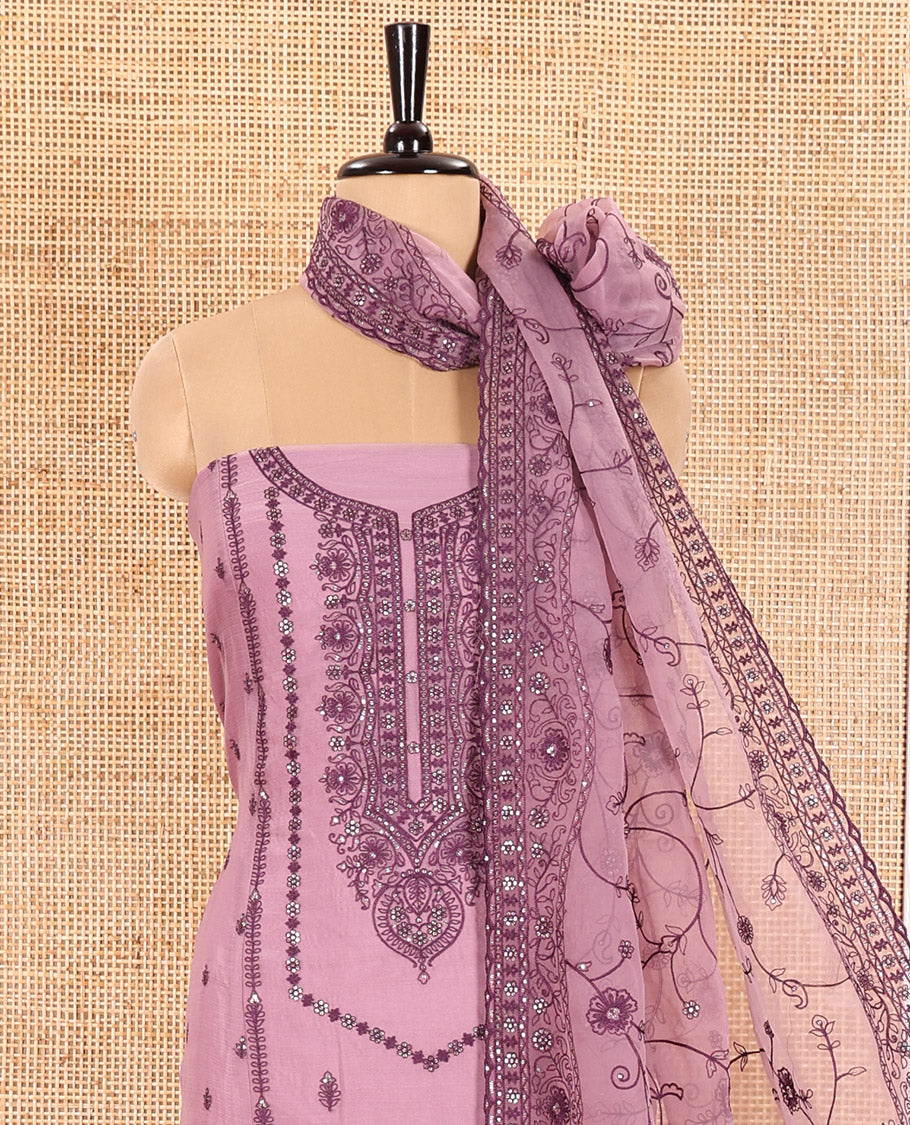 Pink Material Chudidar Set Adorned with Embroidered Organza Chiffon Top, Subtly Made Plain Santoon Bottom, and a Organza Dupatta Featuring Floral Jaal Embroidery