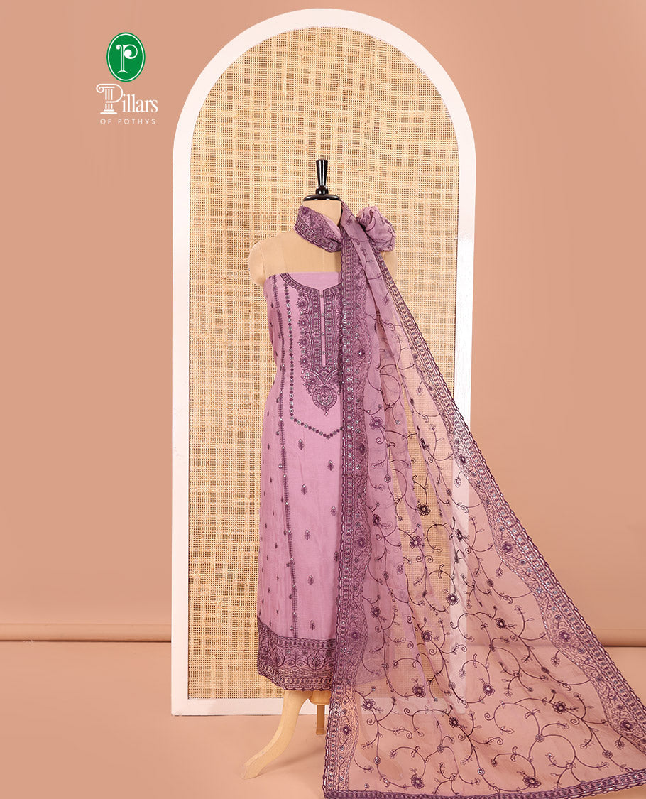 Pink Material Chudidar Set Adorned with Embroidered Organza Chiffon Top, Subtly Made Plain Santoon Bottom, and a Organza Dupatta Featuring Floral Jaal Embroidery