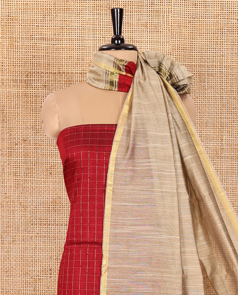 Maroon Material Chudidar Set, Elevated with Zari Checks All Over Its Semi-Silk Top, Comes with a Subtle Plain Bottom, and a Contrast Semi-Silk Dupatta of Zari Border and Tassels