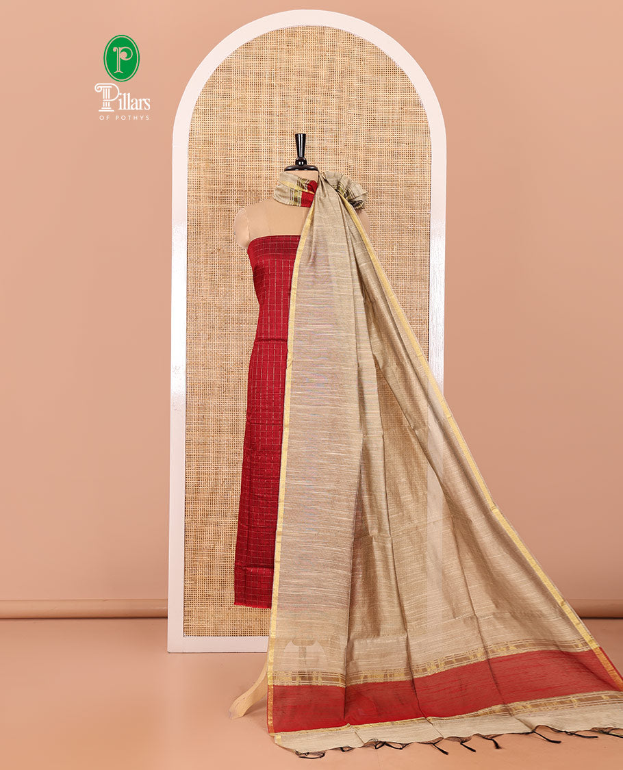 Maroon Material Chudidar Set, Elevated with Zari Checks All Over Its Semi-Silk Top, Comes with a Subtle Plain Bottom, and a Contrast Semi-Silk Dupatta of Zari Border and Tassels