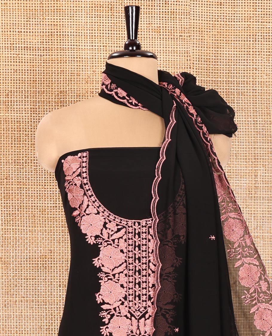 Black and Pink Material Chudidhar Set, Elevated with Floral Thread Embroidered Fox Georgette Top, Plain Santoon Bottom, and Fox Georgette Scallop Dupatta with Floral Thread Embroidery
