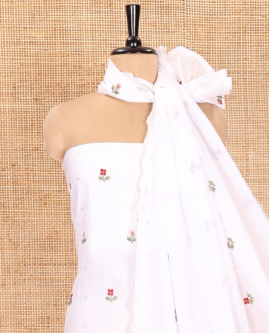 White Material Churidar Set, Flower Motifs Embroidered Mul Chanderi Top, Comes with a Plain Santoon Bottom, and a Scallop Floral Motifs Embroidered Mul Chanderi Dupatta