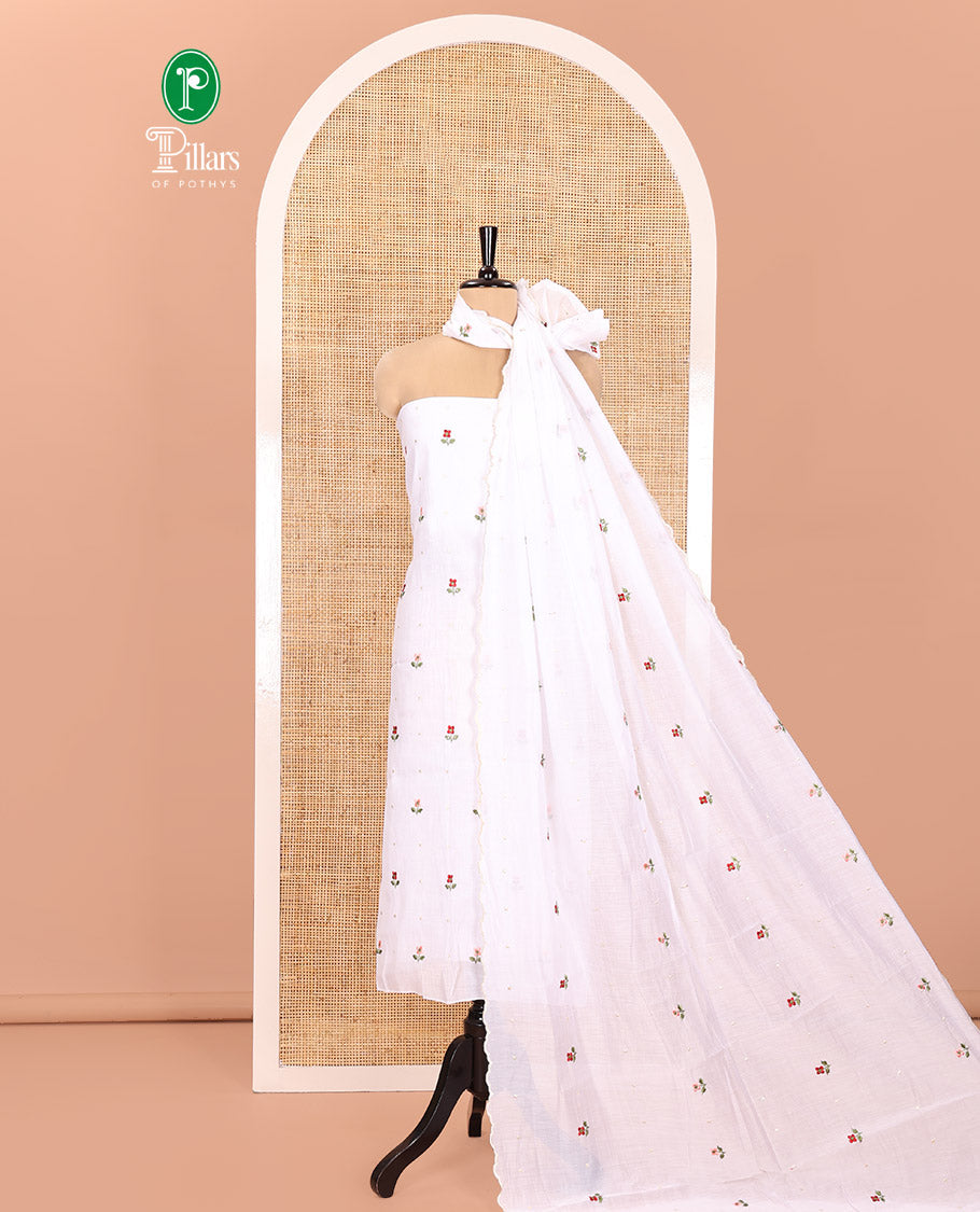 White Material Churidar Set, Flower Motifs Embroidered Mul Chanderi Top, Comes with a Plain Santoon Bottom, and a Scallop Floral Motifs Embroidered Mul Chanderi Dupatta