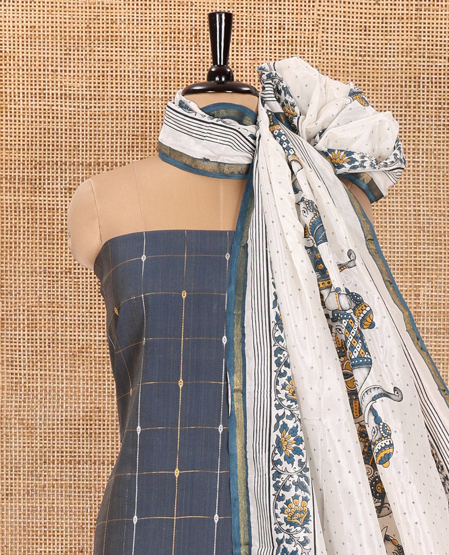 Blue Material Churidar Set, Embellished with Zari Checked Semi-Silk Top, Comes with a Contrast Plain Soft Cotton Bottom, and a Contrast Semi-Silk Dupatta, Pictures a Herd of Elephants