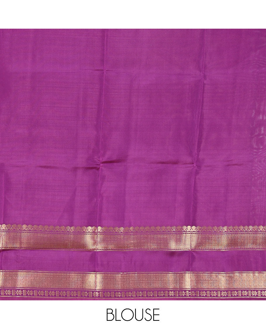 Blue Vasundhara Lite Silk Mix Saree Decked with Zari Buttas, Delicately Woven with a Contrast Rettai Pettu Border Featuring Thilakam Mokku, Vanki, Mayil Kann, and Star Motifs, a Majestically Woven Jaal-Design Pallu, Paired with a Contrast Blouse