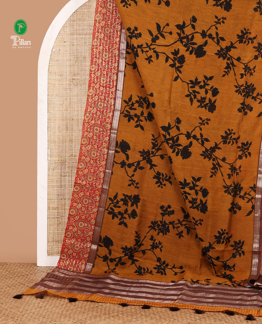 Mustard screen print chanderi cotton saree with bentex rudhraksh veldhari border & chick pallu along with contrast blouse