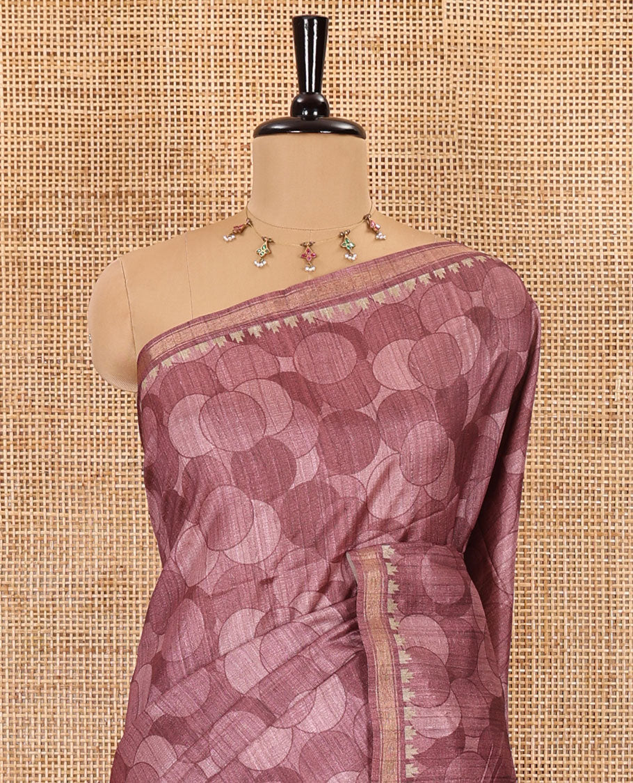 Onion pink circle abstract printed fancy tussar saree, tissue border, pallu of kalamkari peacock print, and kalamkari floral printed blouse