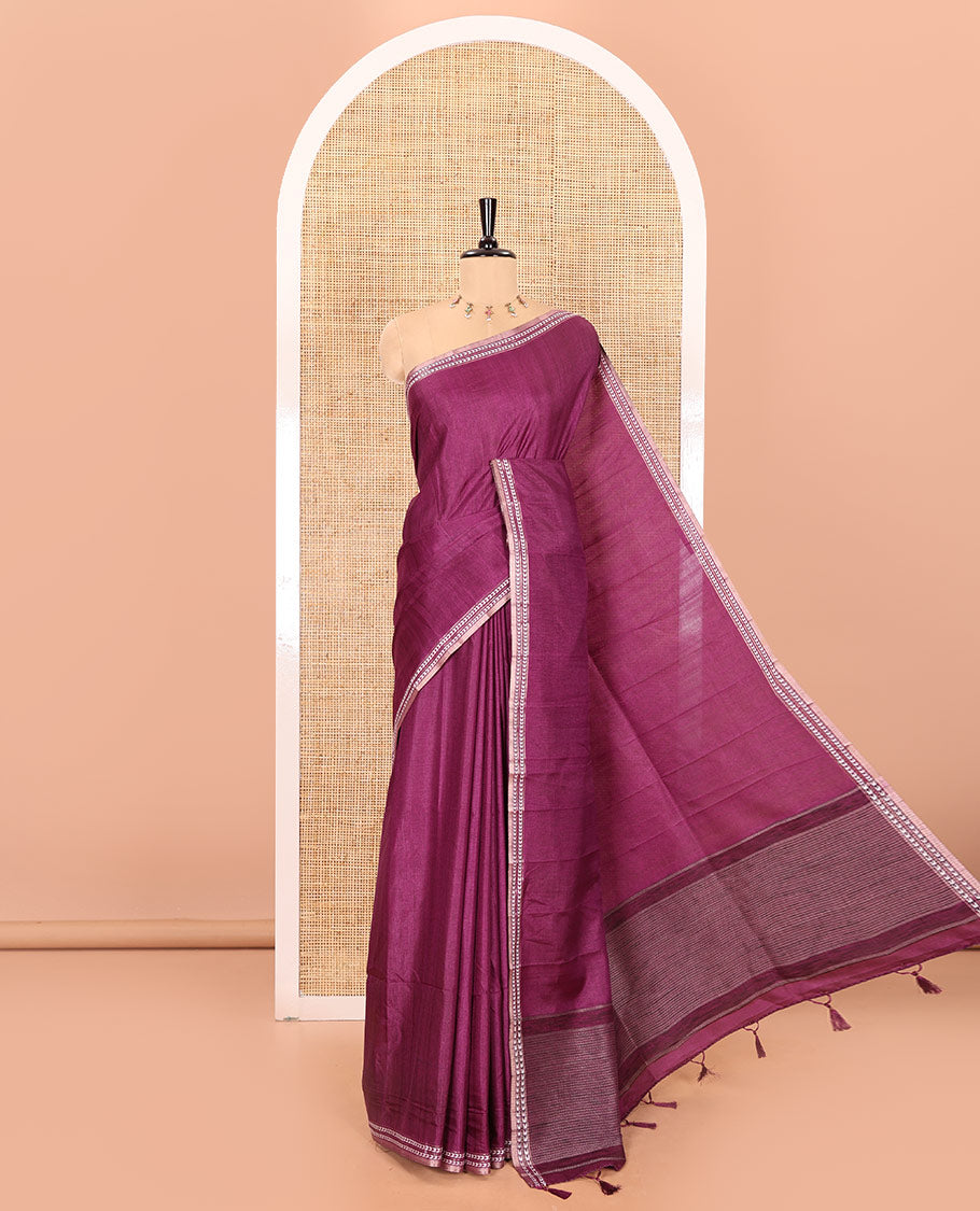 Purple plain fancy tussar saree, temple motifs woven thread border, striped pallu, and a matching blouse