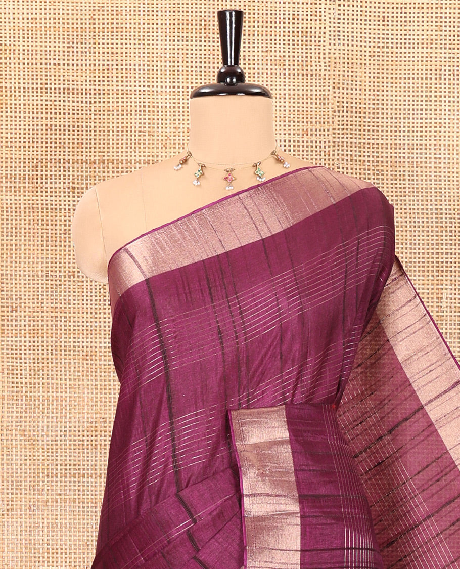 Purple horizontal striped fancy tussar silk saree, bavanji border, self-pallu, and a matching striped blouse