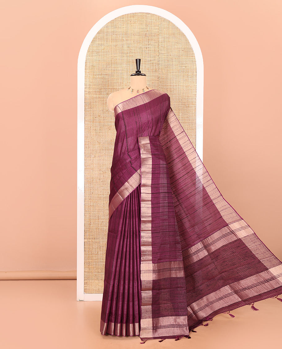 Purple horizontal striped fancy tussar silk saree, bavanji border, self-pallu, and a matching striped blouse