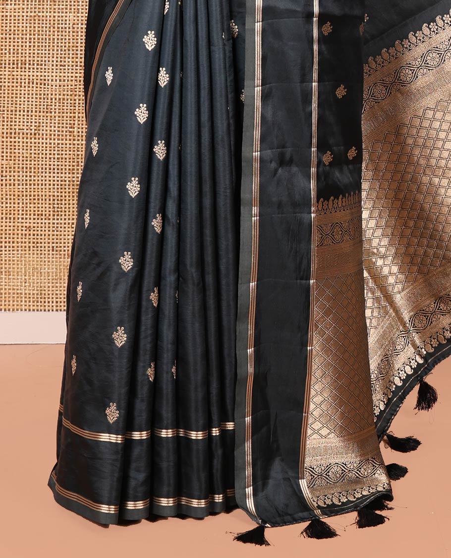 Black Semi-Banaras Satin Silk Saree, Decked Up with Zari Buttas All Over Its Body, Highlighted by Zari Striped Border, Grand Jaal Pallu, and Paired with a Matching Blouse