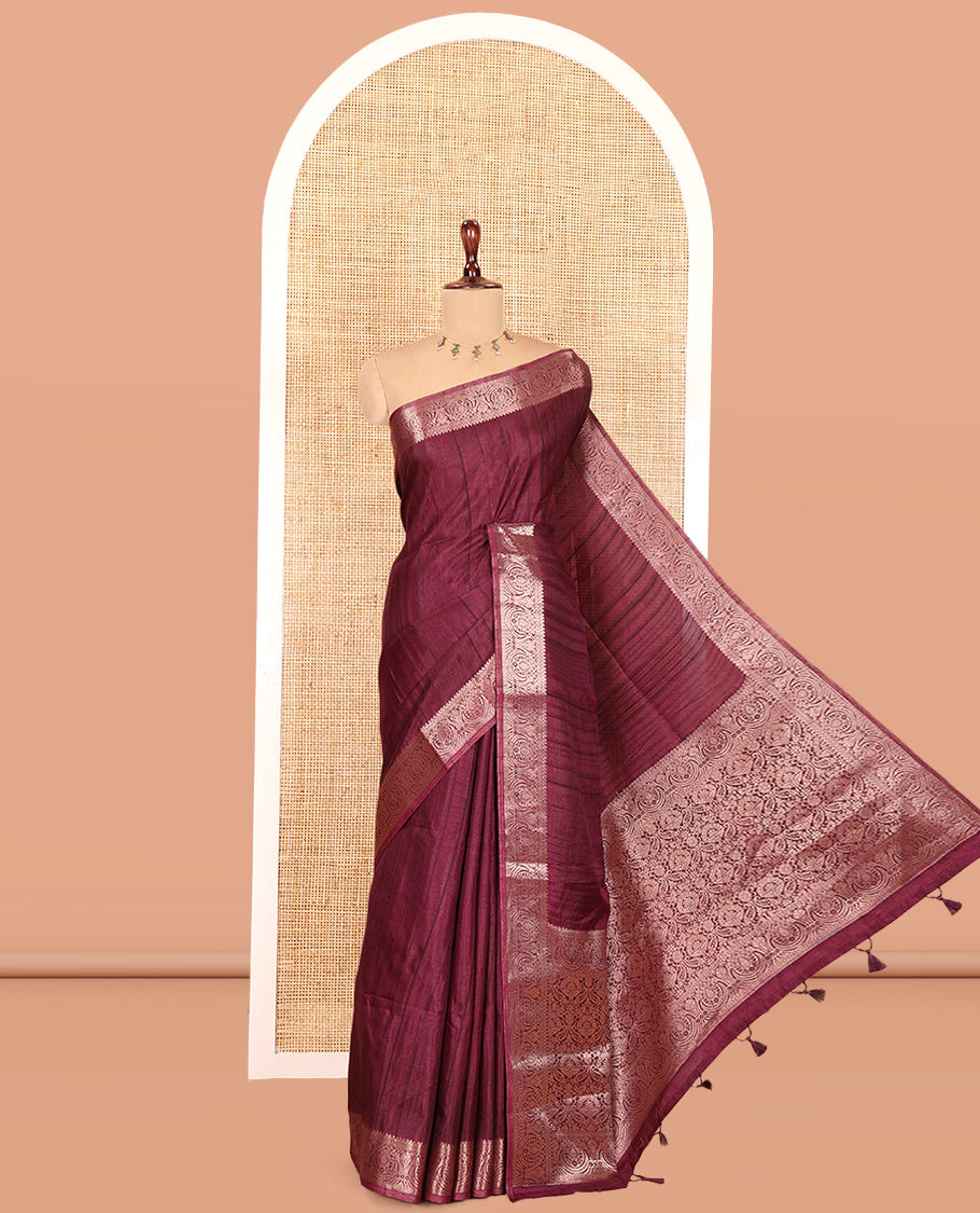 Purple Fancy Tussar Saree, Intricate Border, Grand Pallu, a Printed Blouse, Matching Brocade Blouse