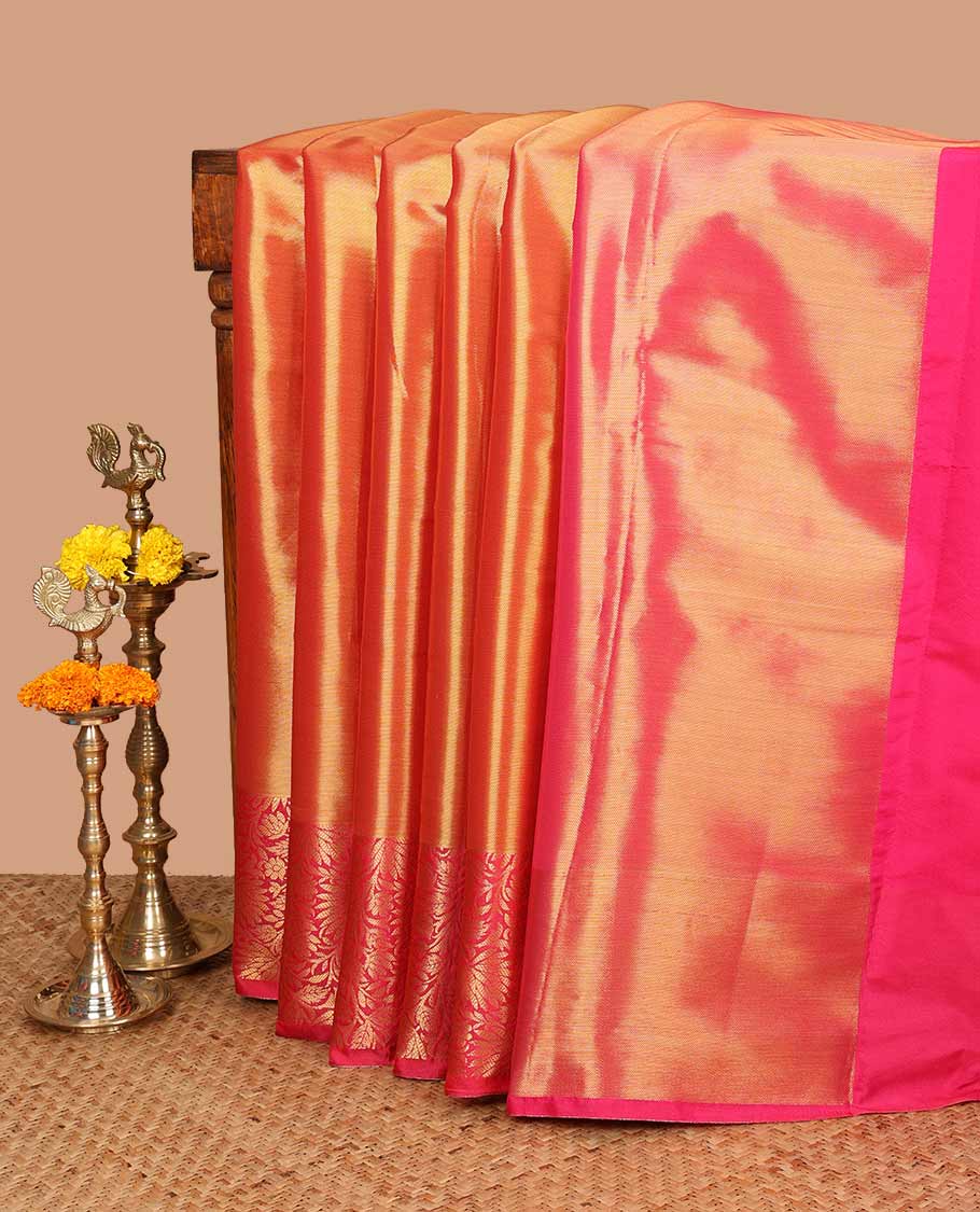Red tissue saree with floral zari border & plain pallu along with plain blouse