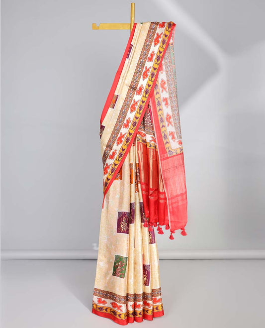 Yellow human motifs semi-banaras printed saree with contrast border & wedding design pallu