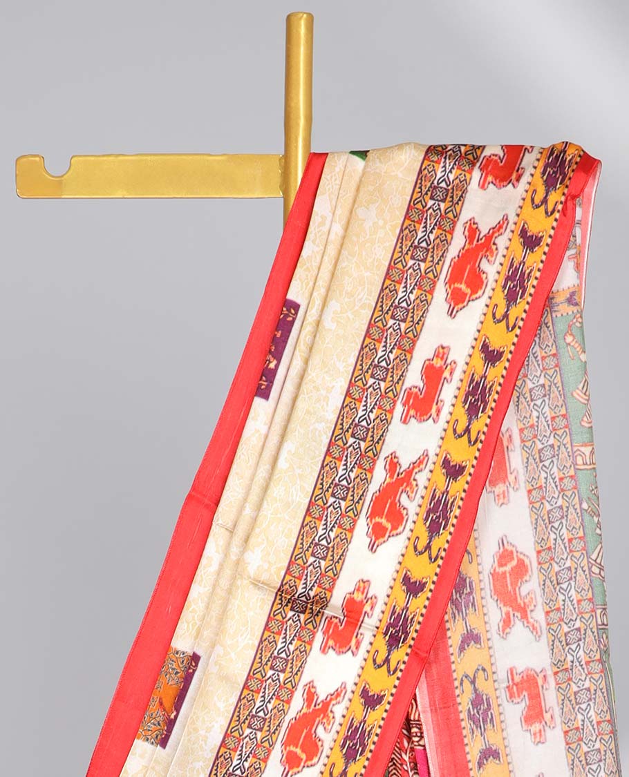 Yellow human motifs semi-banaras printed saree with contrast border & wedding design pallu
