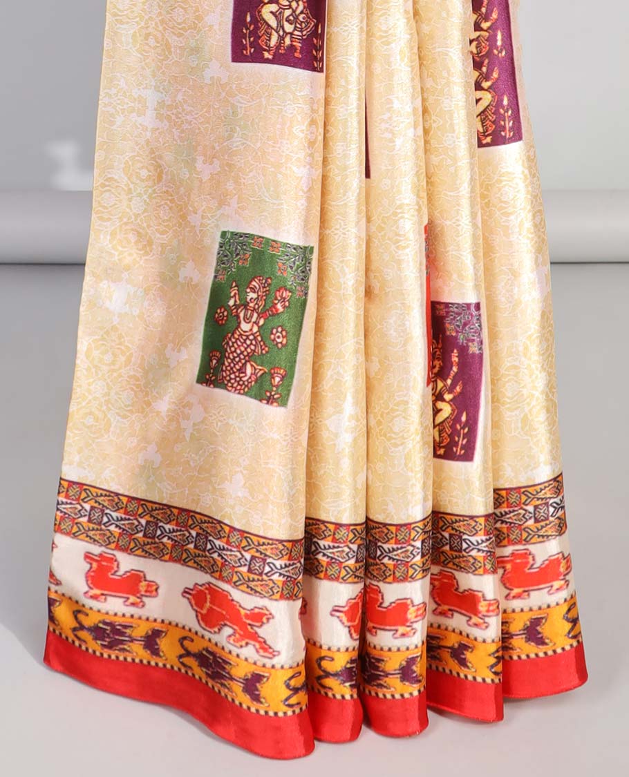 Yellow human motifs semi-banaras printed saree with contrast border & wedding design pallu