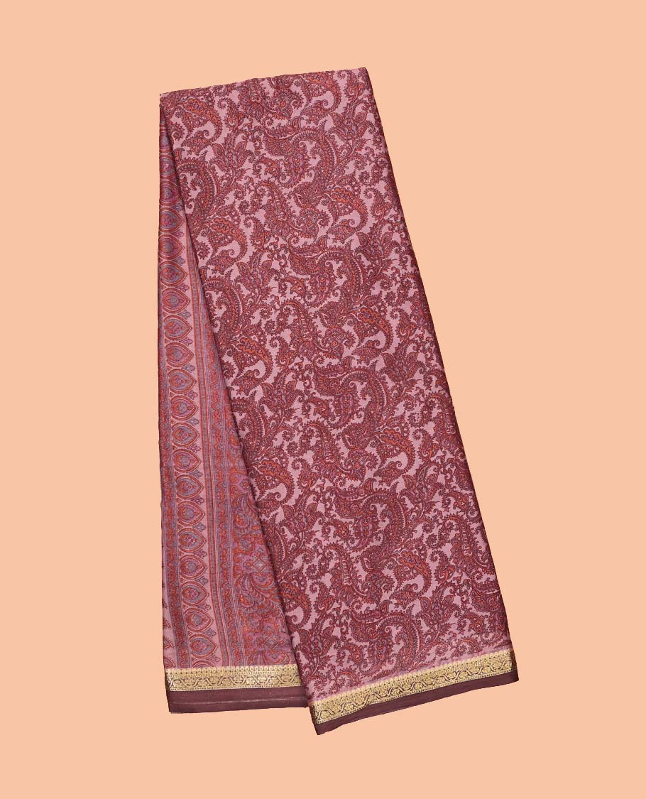 Pink intricate paisley vine semi-banaras printed saree, contrast zari border & intricate printed pallu