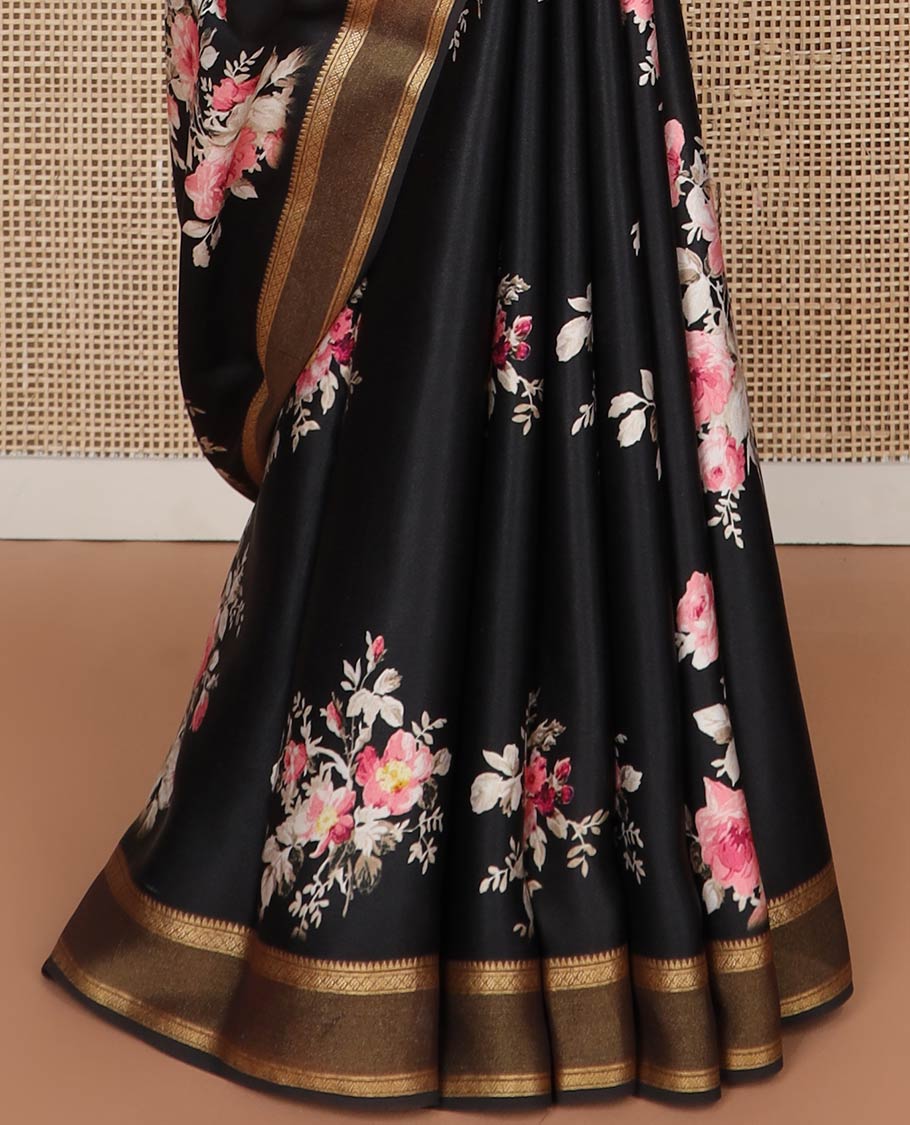 Black floral motifs printed silk saree with contrast zari design border & striped pallu