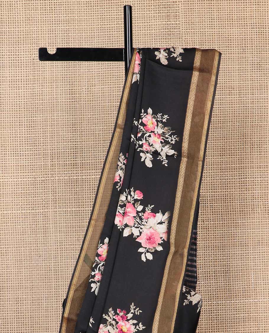 Black floral motifs printed silk saree with contrast zari design border & striped pallu
